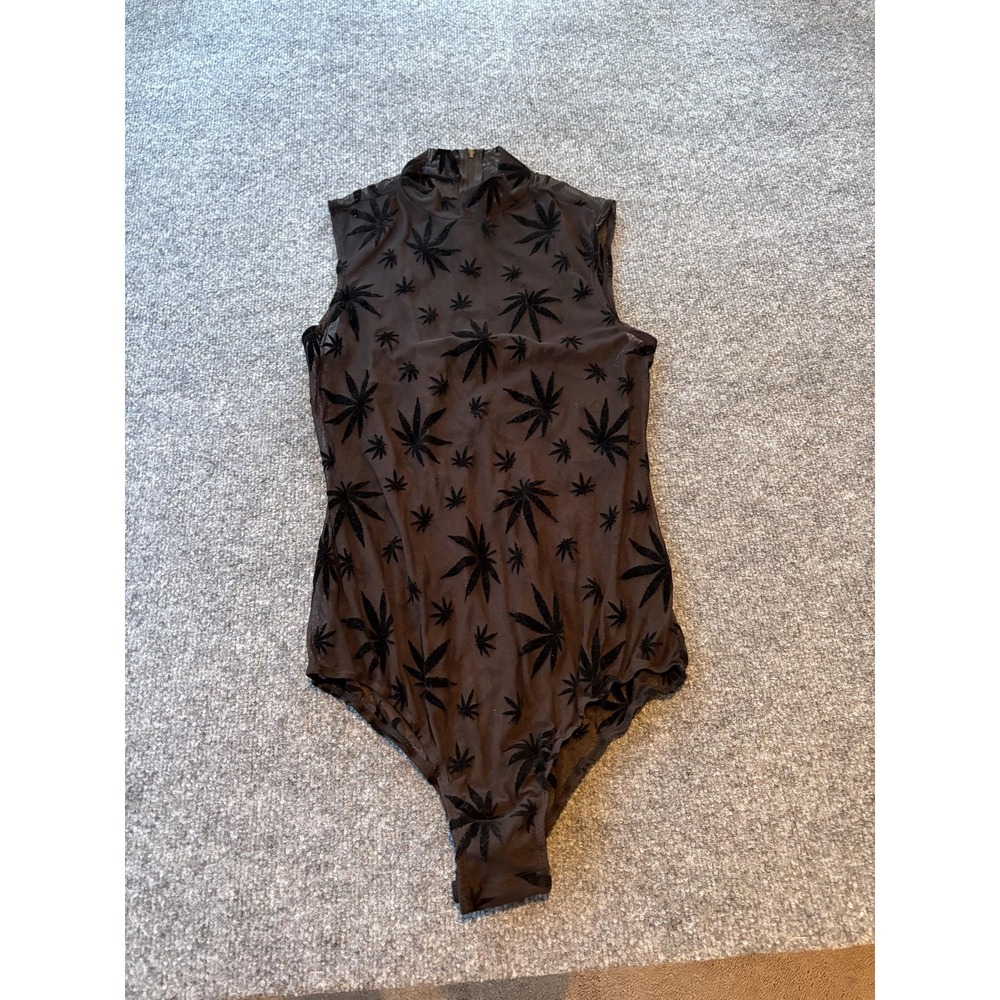 Body Rage Bodysuit Womens Large Black Sheer Mesh Velvet Cannabis Leaf Mock Neck